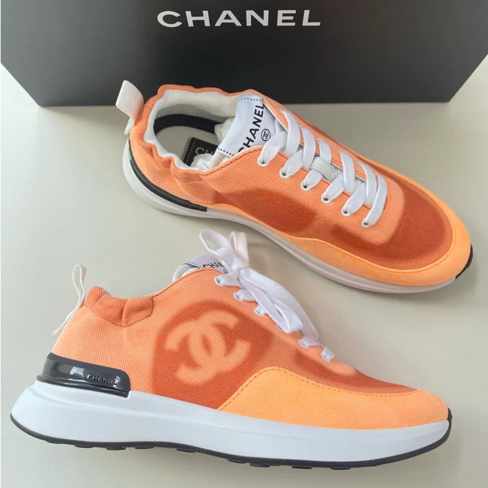 Chanel Denim Suede Calfskin Neon Orange CC Logo Sneakers 36.5